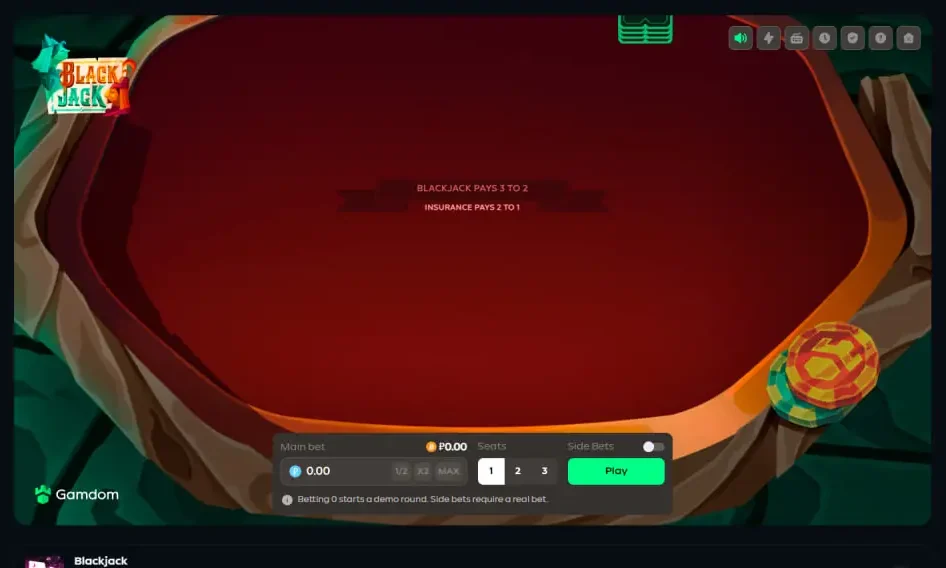 Gamdom Original blackjack table with bet controls, seats and side bets toggle