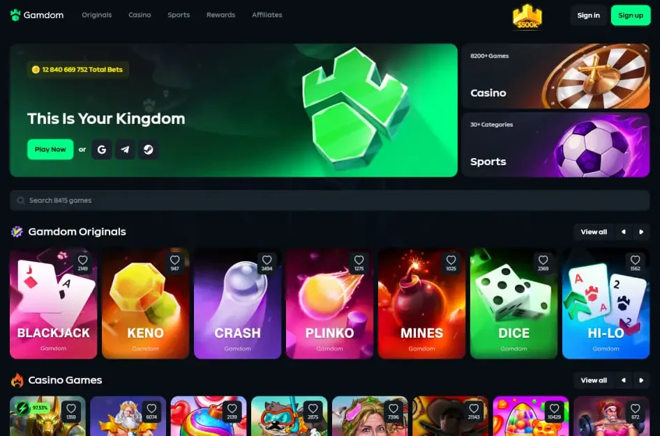 Gamdom home page header with Sign in and Sign up buttons in the top-right corner
