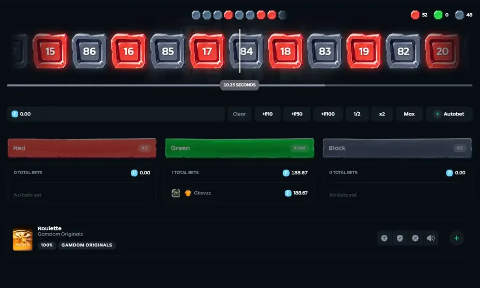 Gamdom Original roulette with a strip of red and black tiles, bet buttons and Red, Green and Black bet columns