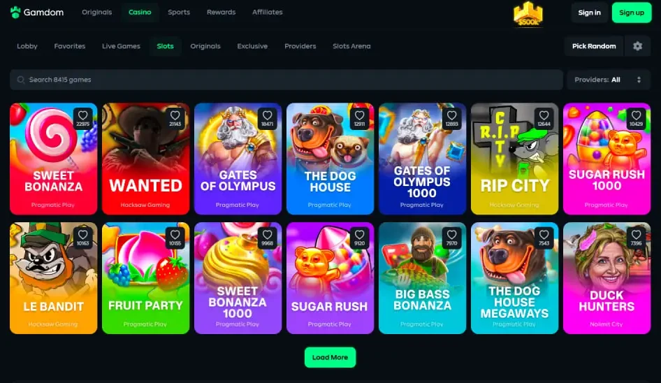 Gamdom slots lobby with Sweet Bonanza, Wanted, Gates of Olympus, The Dog House and other popular slots