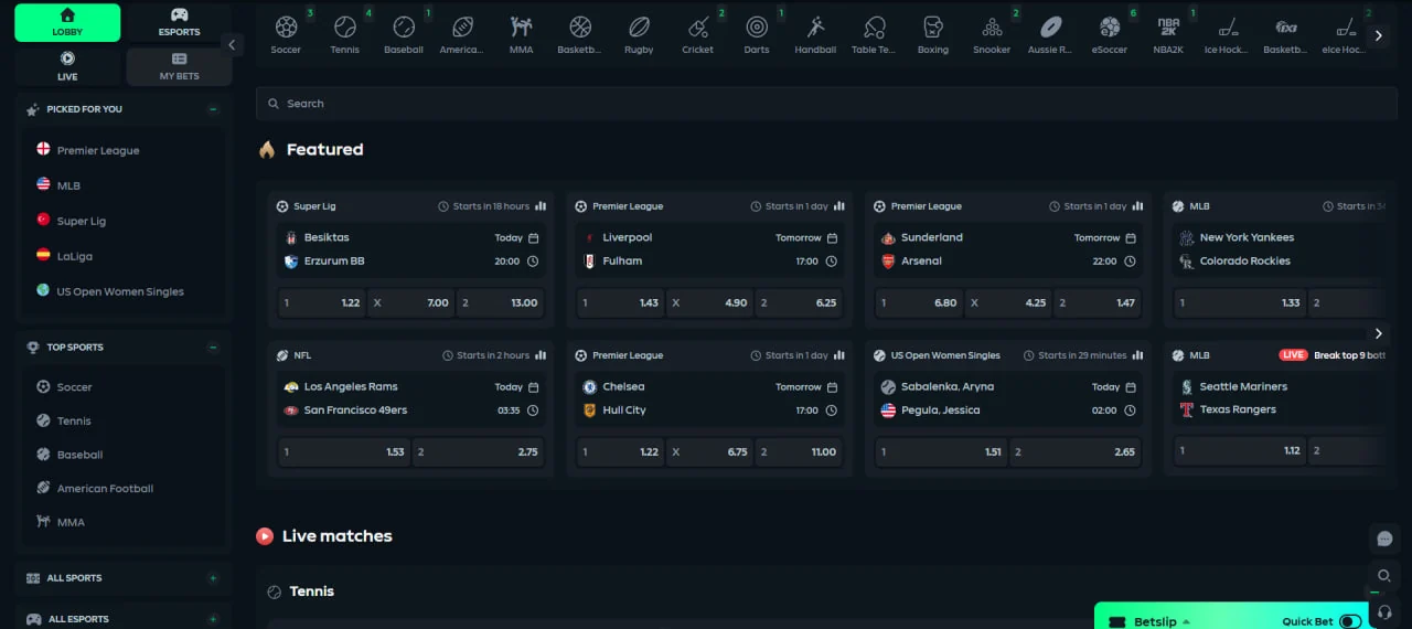 Gamdom sportsbook with featured matches, top sports menu and live section