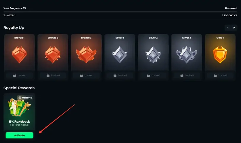Gamdom Rewards page showing Royalty Up tiers and a Special Rewards card with 15% rakeback